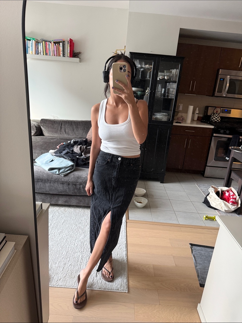 Stradivarius High-Slit Black Denim Midi Skirt